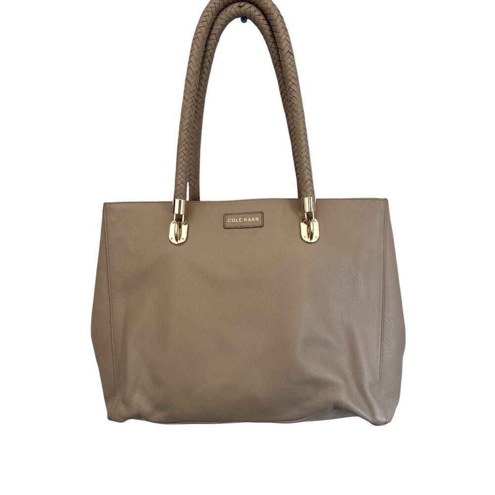 Cole Haan Beige Leather Benson Double Strap Tote Bag Purse Gold Hardware